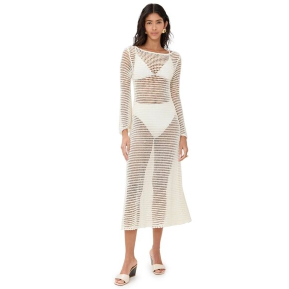 STAUD Lorena Crochet Cover Up Maxi Dress Womens Large Ivory Cream Open Back Mesh - Picture 1 of 13